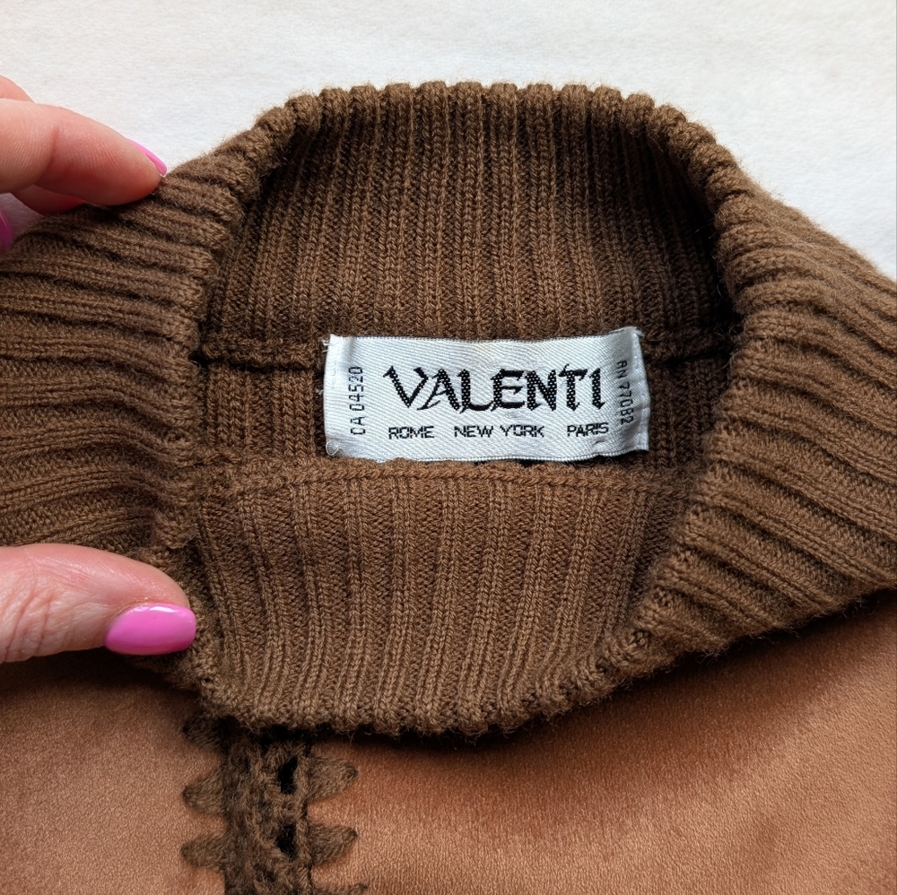 Vintage Valenti Women’s Suede Patchwork Knit Sweater Boho Brown Leather Size L - Picture 15 of 16